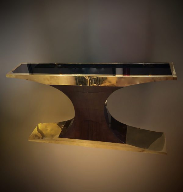 Italian console table in brass, lacquered wood and glass