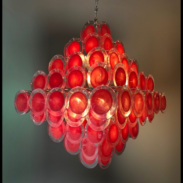 Venetian red glass discs chandelier by Vistosi
